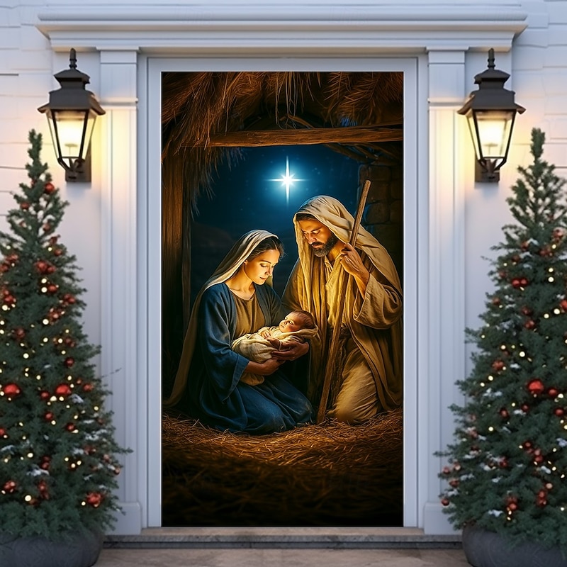Christmas Door Cover, Holy Mother and Child Nativity Religious Door Curtain Backdrop for Xmas Party, Church and Home Holiday Decorations4