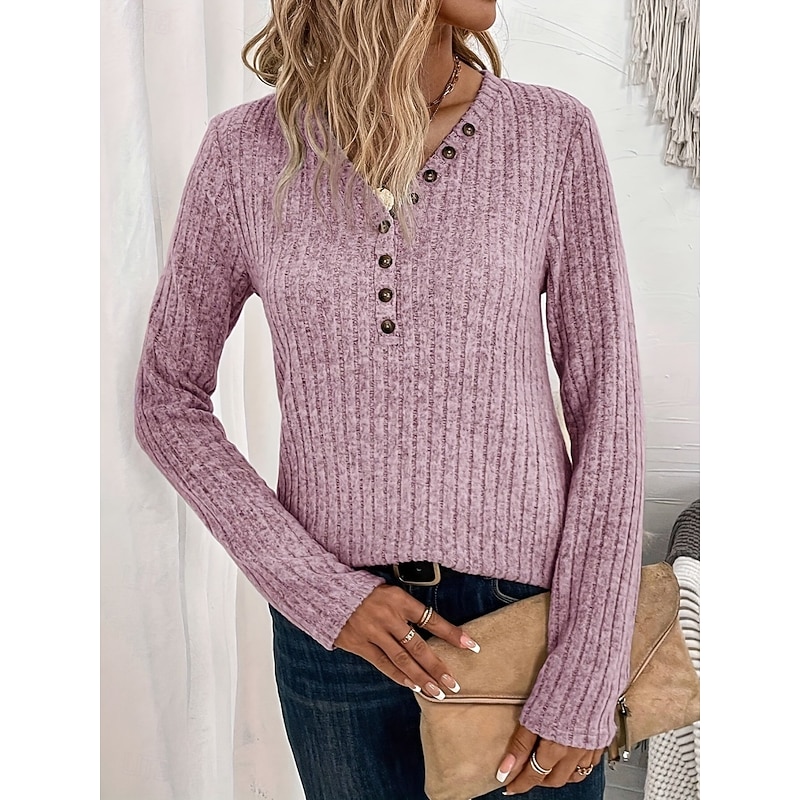 Women's Sweater Casual Soft Pure Color Ribbed V Neck Knitted Long Sleeve Regular Tops Knit Outdoor Daily Weekend Pink Red Fall Winter