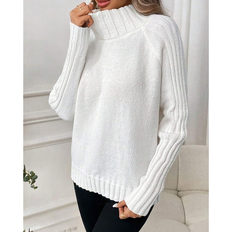 Women's Sweater Pullover Fashion Casual Solid Color Ribbed Turtleneck Knitted Long Sleeve Regular Tops Knit Outdoor Daily Weekend White Fall Winter