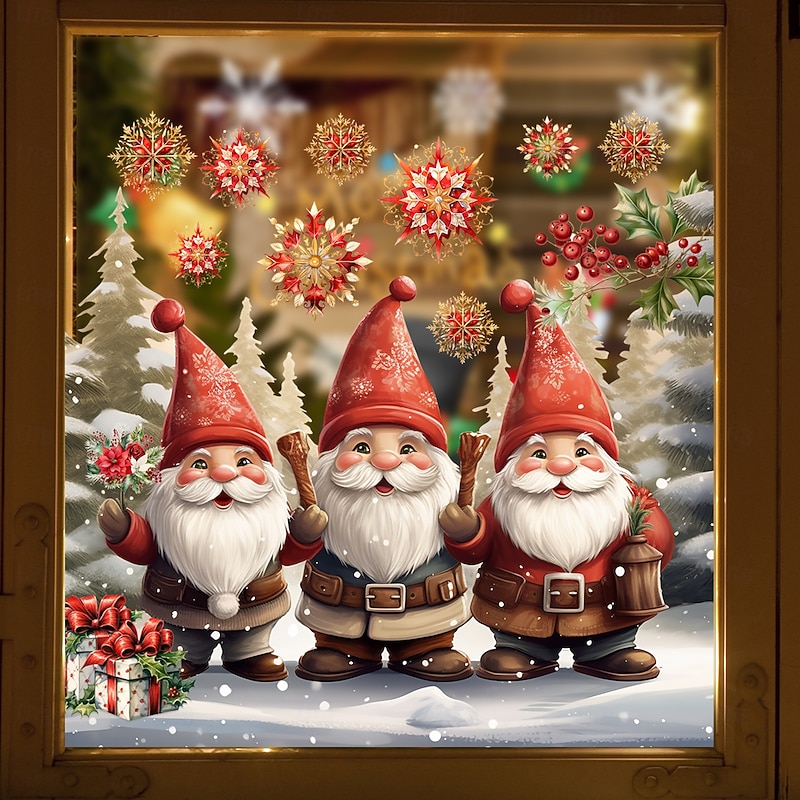Christmas Sticker Wall Decals Cartoon Creative Gnome Snowflake Gift Box Removable Vinyl Mural Holiday Party Glass Window Door Background Decoration For Home4
