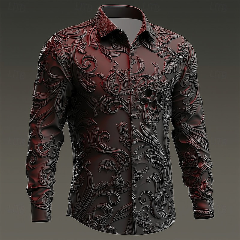 Halloween Men's Texture 3D Swirl Intricate Floral Shirt Button Up Shirt Long Sleeve Vintage Retro Dark Gothic Style Outdoor Holiday Spring Fall Turndown 3D Print Collared Shirts Burgundy Purple Brown