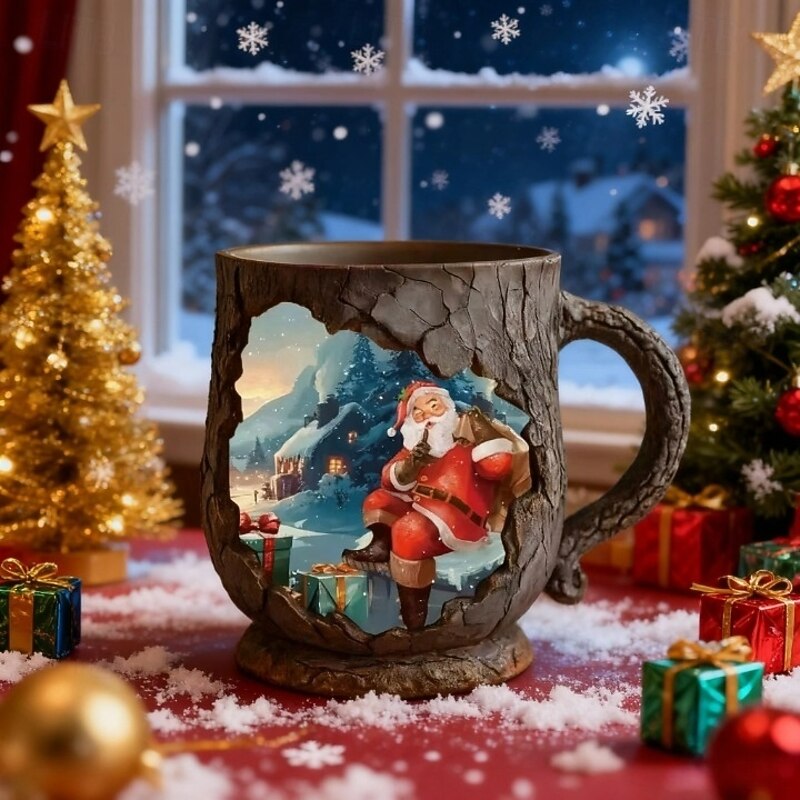 Christmas Cow  Santa Claus Resin Mug Novelty Drinkware With Stainless Steel Liner, Christmas Coffee Mug Perfect For Hot Drinks, Hot Chocolate, Tea, Coffee