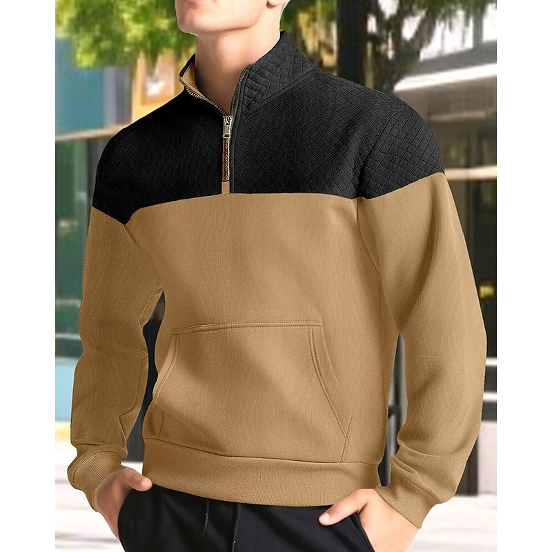 Men's Sweatshirt Quarter Zip Sweatshirt Black Army Green Navy Blue Khaki Gray Half Zip Color Block Jacquard Patchwork Pocket Sports & Outdoor Daily Holiday Polyester Streetwear Basic Casual Spring