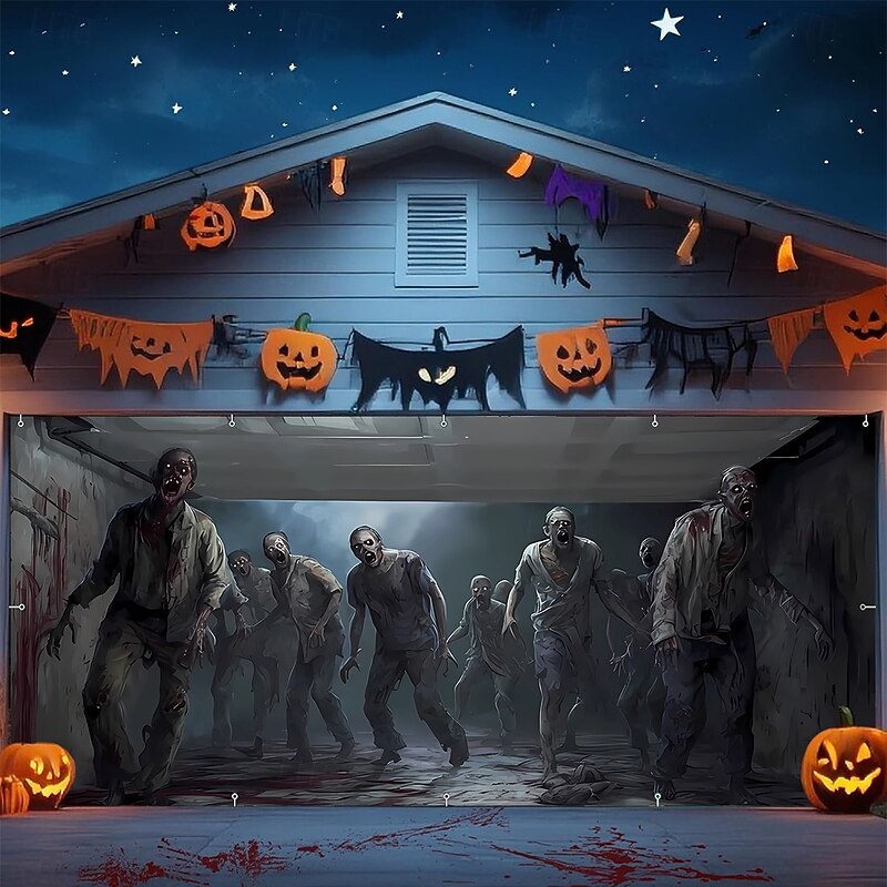 Halloween Tapestry Garage Door Cover Large Hanging Backdrop Zombie Containment Unit 3D Dark Punk Gothic Style Party Outdoor Shooting Backgrounds Yard Haunted House Home Decor4