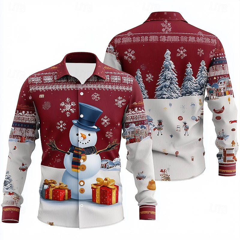 Christmas Men's Snowman Snowflake Christmas Gift Shirt Button Up Shirt Long Sleeve Funny Outdoor Holiday Spring Fall Turndown 3D Print Collared Shirts Red 1 Red