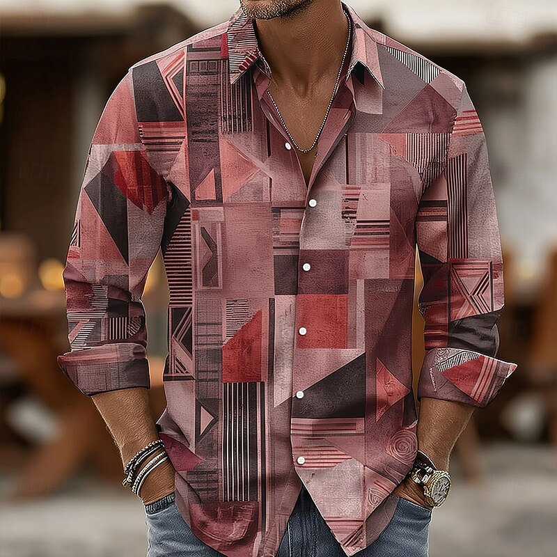 Men's Geometric Color Block Patchwork Shirt Button Up Shirt Long Sleeve Vintage Retro Outdoor Casual Holiday Spring Fall Turndown 3D Print Collared Shirts Pink Blue Purple Green Khaki4