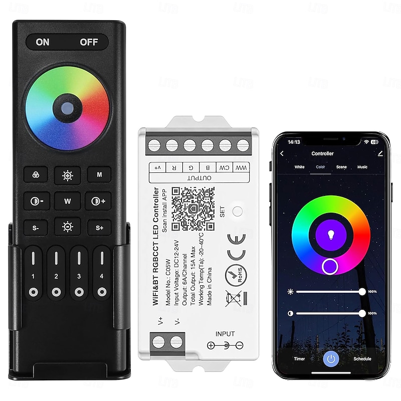 COB LED Strip RGBCCT Color Changing 16.4FT 840LED/m Flexible High Density Light  Optional RF 2.4GHz Wireless Remote Tuya Controller 4 Zones Group Control PWM RGBCCT4