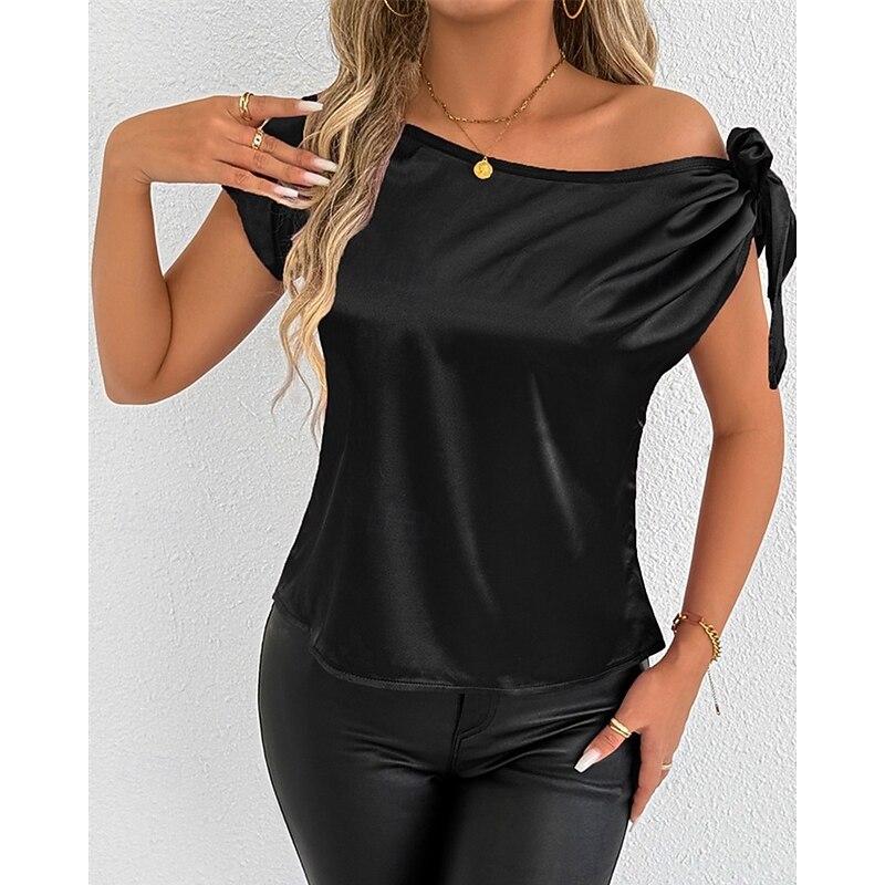 Women's Shirt Elegant Dressy Satin Solid Color Stylish Casual Short Sleeve Cold Shoulder Regular Tops Daily Going out Bow Black Pink Wine Purple Green Summer Spring2