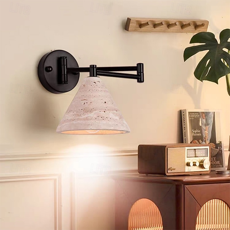 Black Swing Arm Wall Lamp, Vintage Yellow Travertine Light Fixtures, Natural Stone Lampshade Sconce, for Study/Living Room/Bedroom Lighting