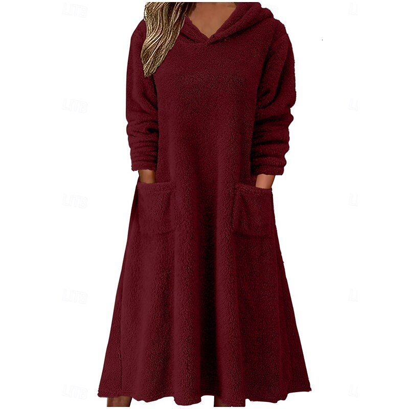 Women's Midi Dress A Line Dress Fit And Flare Dress Casual Daily Loose Fit Plain Long Sleeve Hooded Black Wine Brown Army Green Fall Winter2