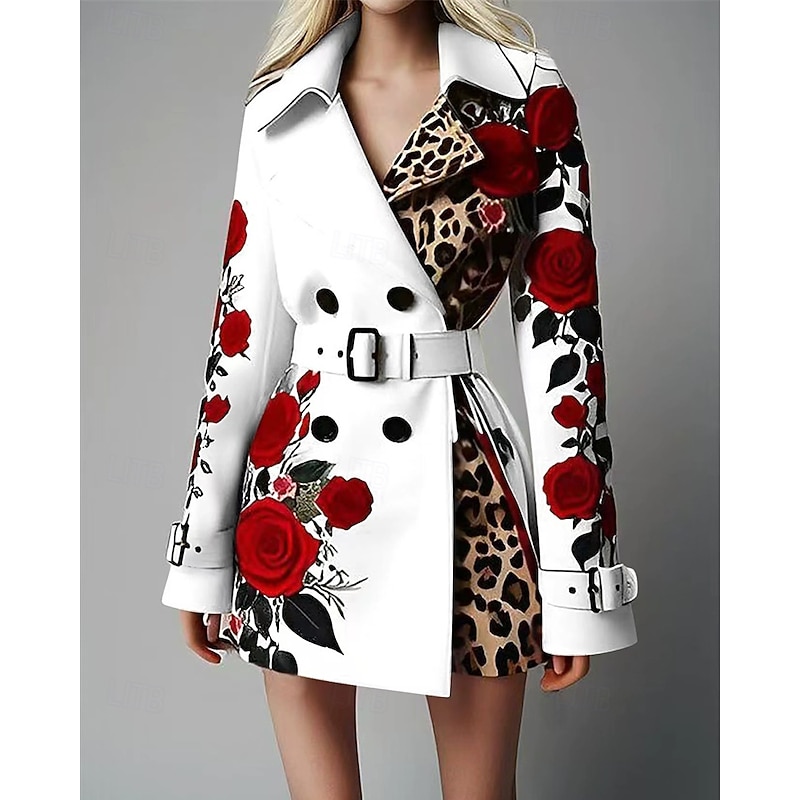 Women's Winter Coat Coat Warm Comfortable Pocket Buttons Fashion Casual Floral Vacation Street Casual Daily Wear Short Long Turndown Regular Fit Long Sleeve Outerwear White Yellow Pink Spring Fall