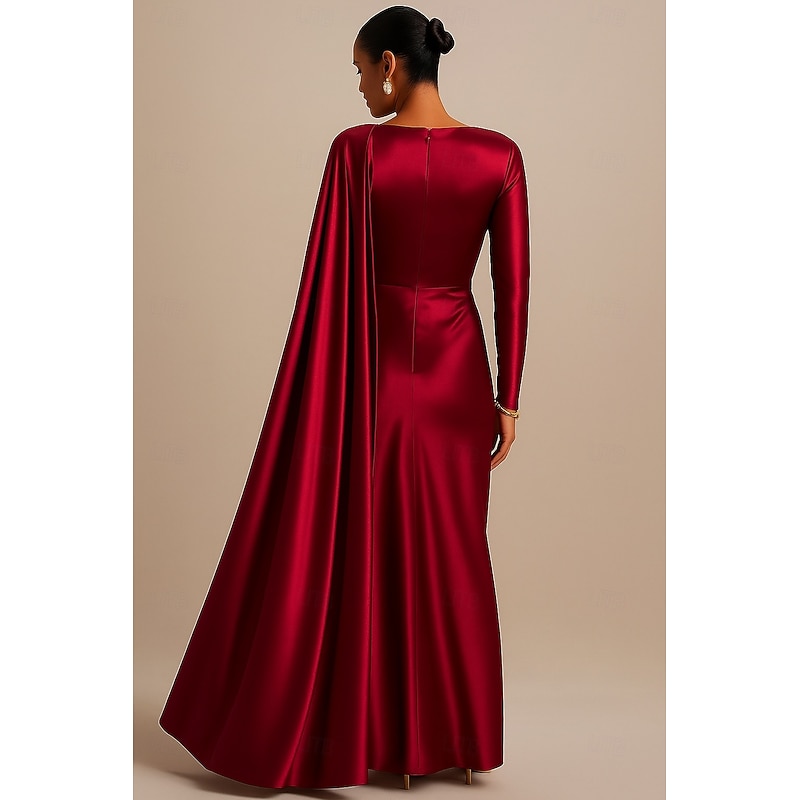 Sheath / Column Evening Gown Elegant Formal Dress Formal Wedding Floor Length Long Sleeve One Shoulder Satin with Pleats 20252