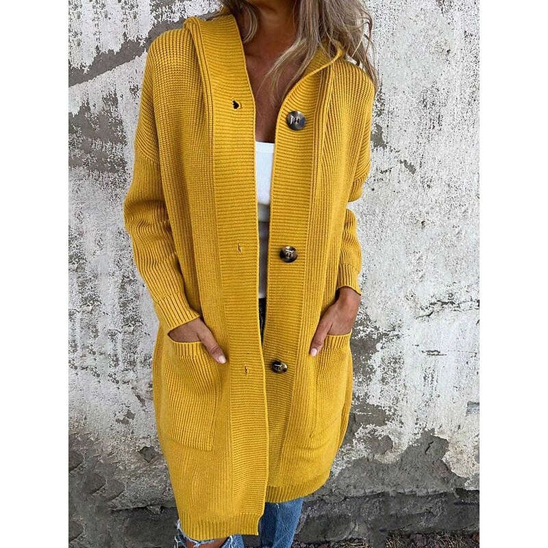 Women's Sweater Cardigan Elegant Fashion Streetwear Solid Color Pure Color Hooded Pocket Knitted Long Sleeve Long Tops Knit Outdoor Daily Weekend Black Yellow Fall Winter