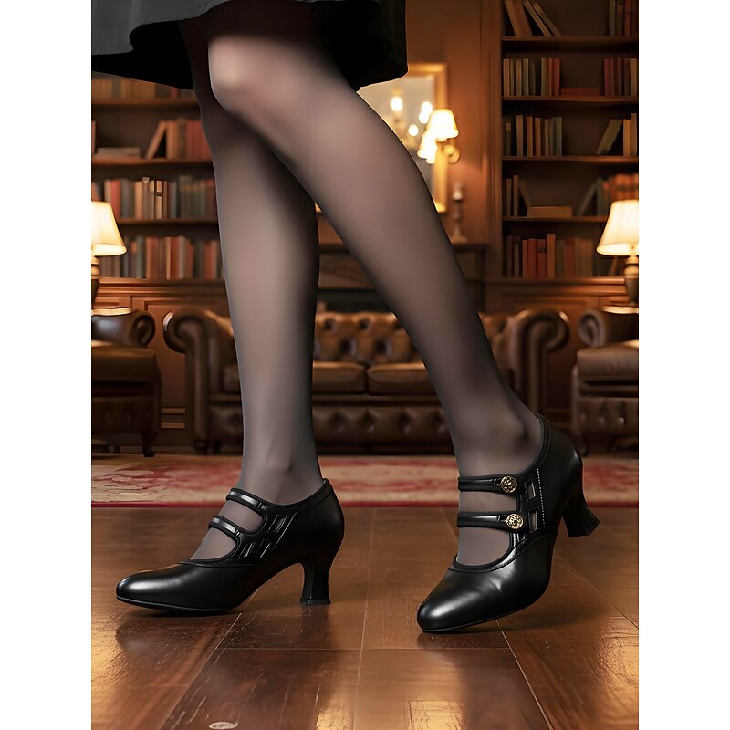 Women's Black 1920s Vintage Heels – Faux Leather Retro Cutout Pumps with Button Detail for Formal Events and Gatsby Party4