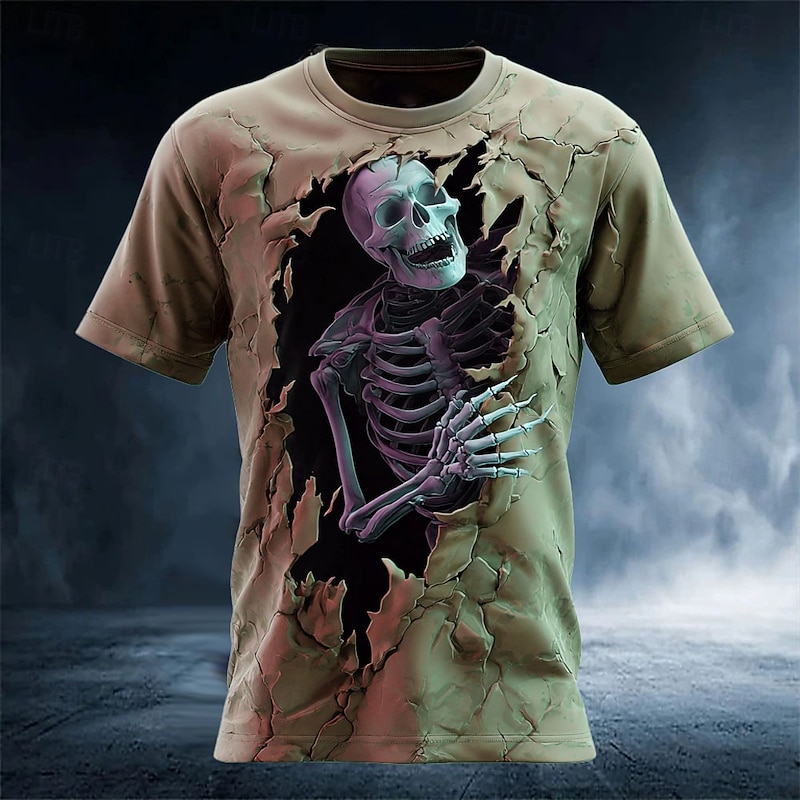 Halloween Men's Skull Optical Illusion 3D T Shirt Short Sleeve T shirt 3D Print Crew Neck Shirt Exaggerated Designer Horror Party Street Holiday Purple Green Khaki Summer Spring All Seasons Clothing4