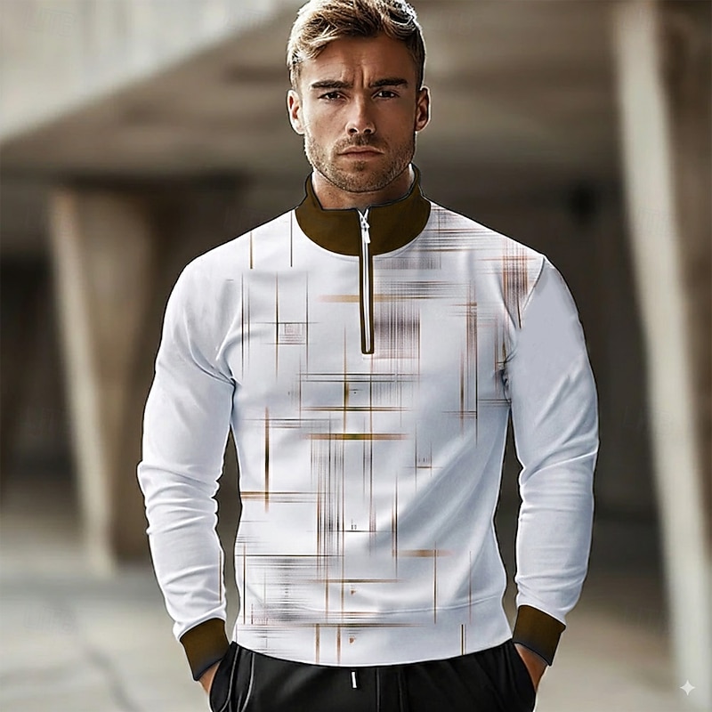 Men's Geometic Line Polo Long Sleeve Standing Collar Athleisure Vacation Athleisure Casual Daily 3D Print Spring Fall Winter Green Blue Brown2
