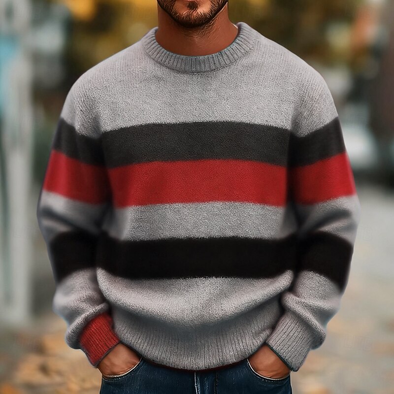 Men's Horizontal Stripes Pullover Sweater Jumper Knitwear Crewneck Casual Vacation Street Daily 3D Print Knitting Keep Warm Long Sleeve Spring Fall Winter Red Blue Purple4