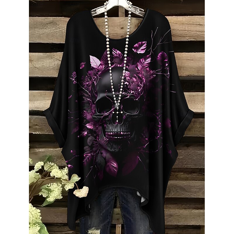 Halloween Women's Blouse Skeleton Graphic Skull Vintage Daily Casual Half Sleeve Batwing Sleeve Crew Neck Long Tops Daily Holiday Black White Spring Fall3