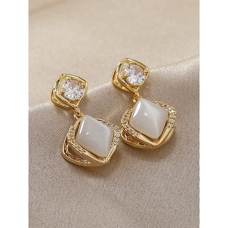 Women's Elegant Gold-Plated Drop Earrings with Cat's Eye and Zircon, Available in Pierced Stud and Clip-On Styles for Weddings, Parties and Formal Occasions