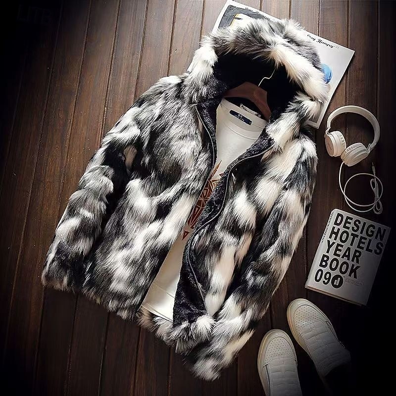 Men's Winter Jacket Casual Jacket Faux Fur Coat Vacation Daily Thermal Warm Pocket Fur Winter Leopard Print Fashion Streetwear Hooded Regular Black Jacket