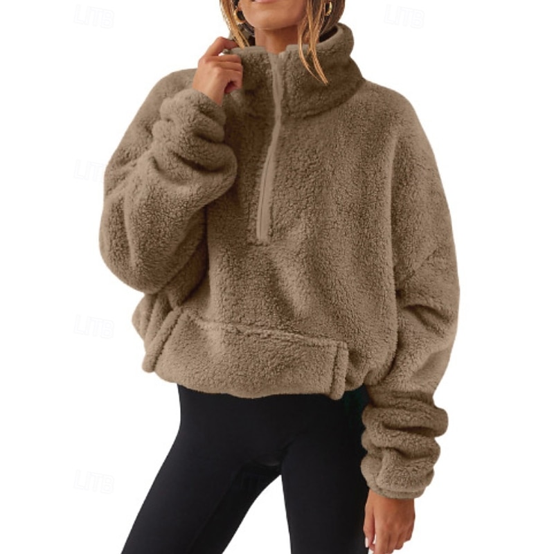 Women's Fleece Lined Pullover Sweatshirt Pajamas Pullover Sweatshirt Plain Casual Long Sleeve Turtleneck Half Zip Regular Tops Street Holiday Going out Half Zipper Quarter Zipper Zipper Pocket White4