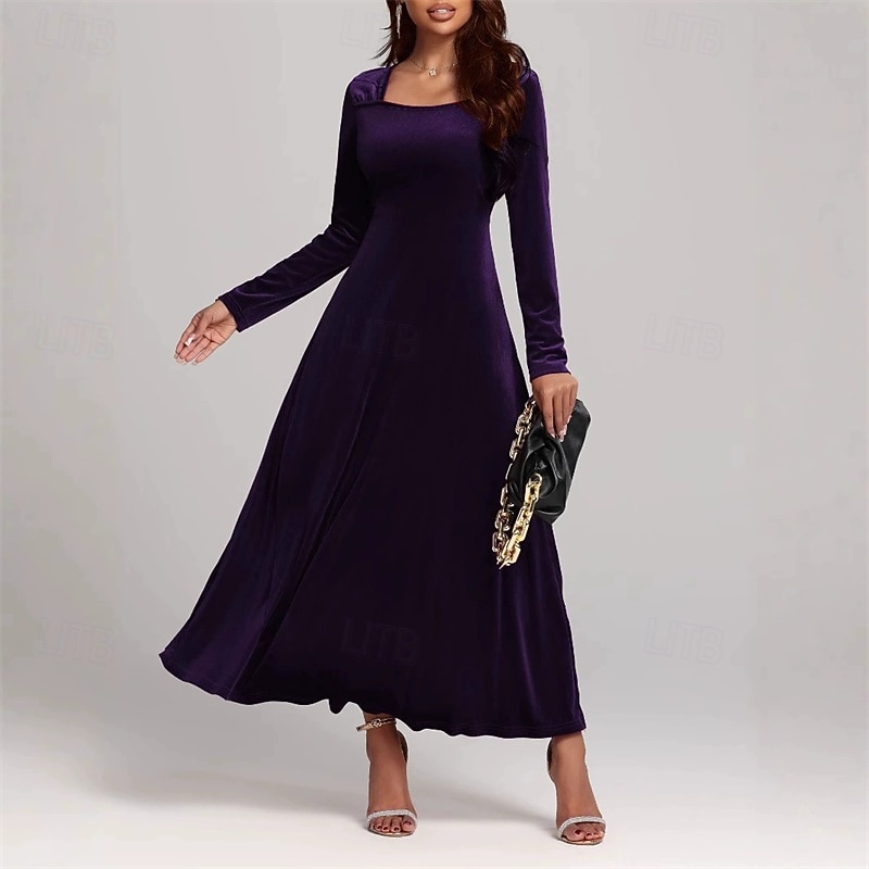 Women's Midi Dress Velvet Dress Cocktail Dress Elegant Vintage Fashion Outdoor Party Party Evening Wear Regular Fit Plain Long Sleeve Square Neck Red Blue Dark Green Purple Spring Autumn4