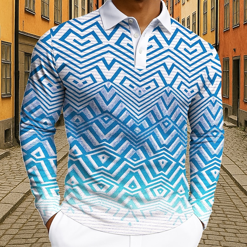 Men's Geometic Polo Long Sleeve Polo Shirts Lapel Casual Street Athleisure Daily Wear 3D Print Buttons Spring Fall Winter Blue Orange Green