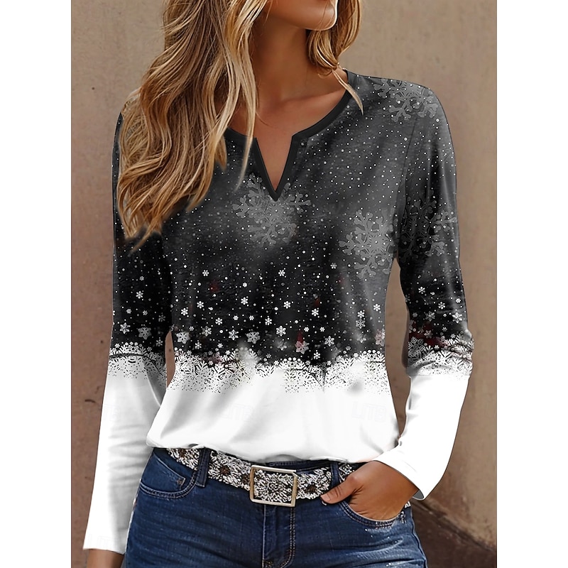 Christmas Women's T Shirt Graphic Snowflake Vintage Modern Long Sleeve Notched Neck Regular Tops Daily Weekend Print Black Red Purple Spring Fall Winter2