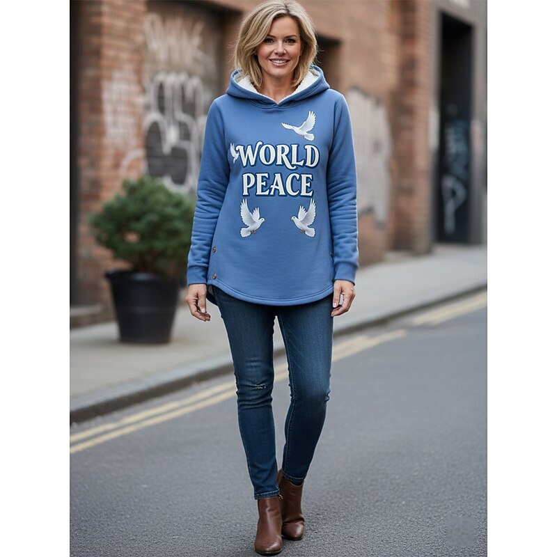 Women's Pullover Hoodie Sweatshirt Graphic Letter Warm Casual Long Sleeve Hooded Regular Tops Street Dailywear Holiday Buttons Print Black Dark Pink Blue Gray Fall Winter