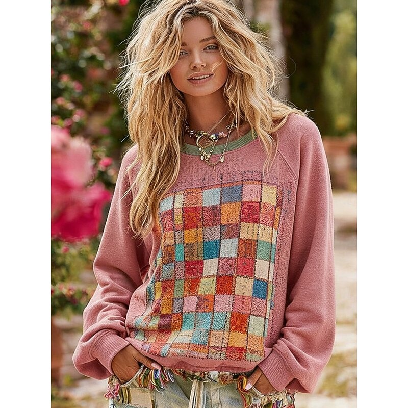 Women's Pullover Sweatshirts Plaid Fashion Streetwear Classic Long Sleeve Round Neck Regular Tops Dailywear Casual Print Pink Green Spring Fall4