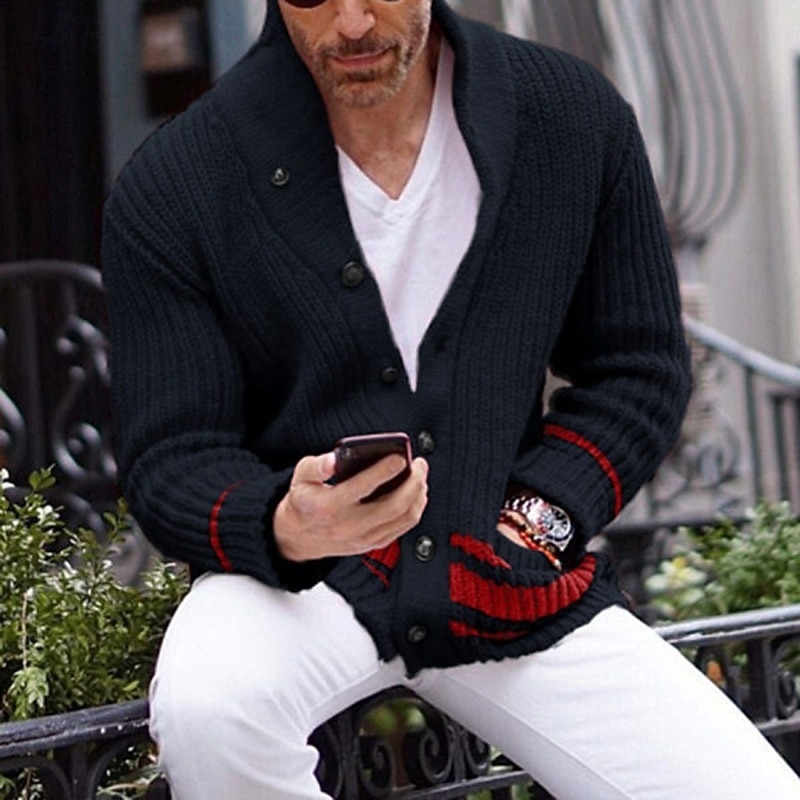 Men's Sweater Cardigan Sweater Ribbed Knit Regular Tops Knitted Plain V Neck Vacation Fashion Casual Daily Wear Clothing Apparel Spring &  Fall Black Yellow M L XL3