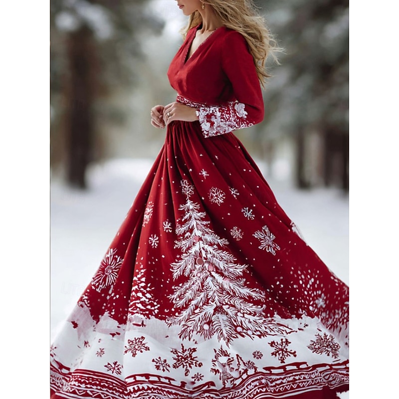 Christmas Women's Maxi Dress Pleated Dress Party Casual Boho Daily Date Going out Regular Fit Christmas Tree Long Sleeve V Neck Red Fall Winter