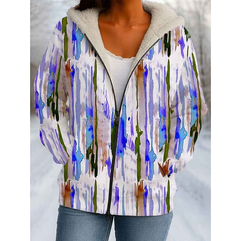 Women's Winter Coat Winter Jacket Windproof Warm Zipper Pocket Fleece Lined Casual Abstract Casual Athleisure Daily Daily Wear Regular Hooded Regular Fit Long Sleeve Outerwear Pink Purple Beige Winter3