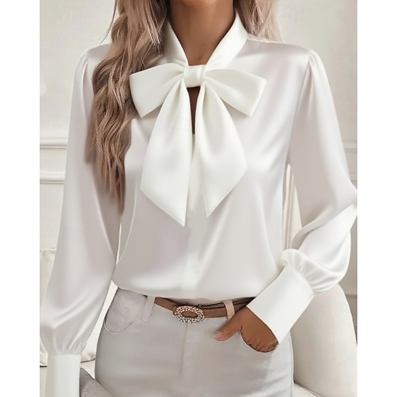 Women's Shirt Elegant Dressy Satin Plain Elegant Stylish Long Sleeve V Neck Regular Tops Work Holiday Going out Bow Black White Pink Khaki Spring Fall4