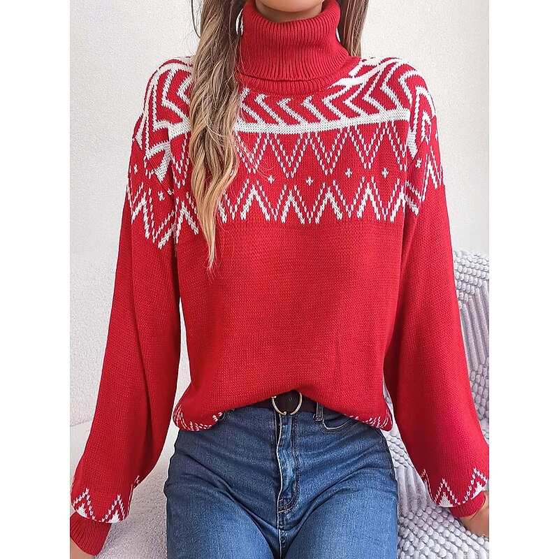Women's Fair Isle Sweater Pullover Elegant Vintage Streetwear Geometric Ribbed Turtleneck Floral Long Sleeve Regular Tops Knit School Outdoor Home Black Red Spring Fall2