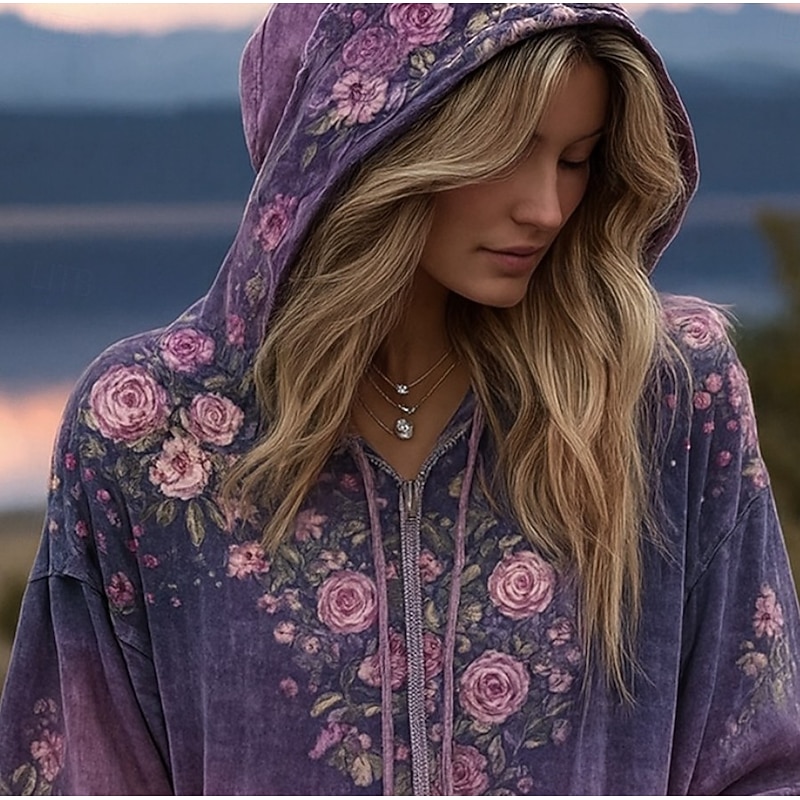 Women's 3D Print Vintage Boho Hoodie Patchwork Hoodie Sweatshirt Floral Zip Up s Floral Punk Active Vintage Long Sleeve Hooded Regular Tops Home Dailywear Casual Purple Fall Winter2