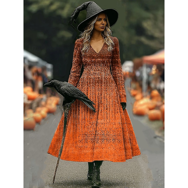 Women's Midi Dress A Line Dress Vacation Casual Daily Holiday Date Regular Fit Ombre Graphic Long Sleeve V Neck Blue Purple Orange Green Fall Winter2