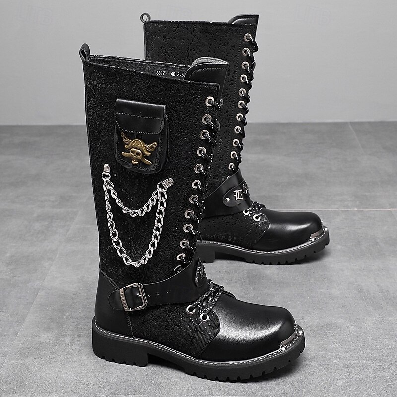 Men's Black Punk Gothic Boots Tall Lace-Up Combat Boots with Skull and Metal Chain Details for Halloween Parties, Horror Cosplay and Themed Festivals4