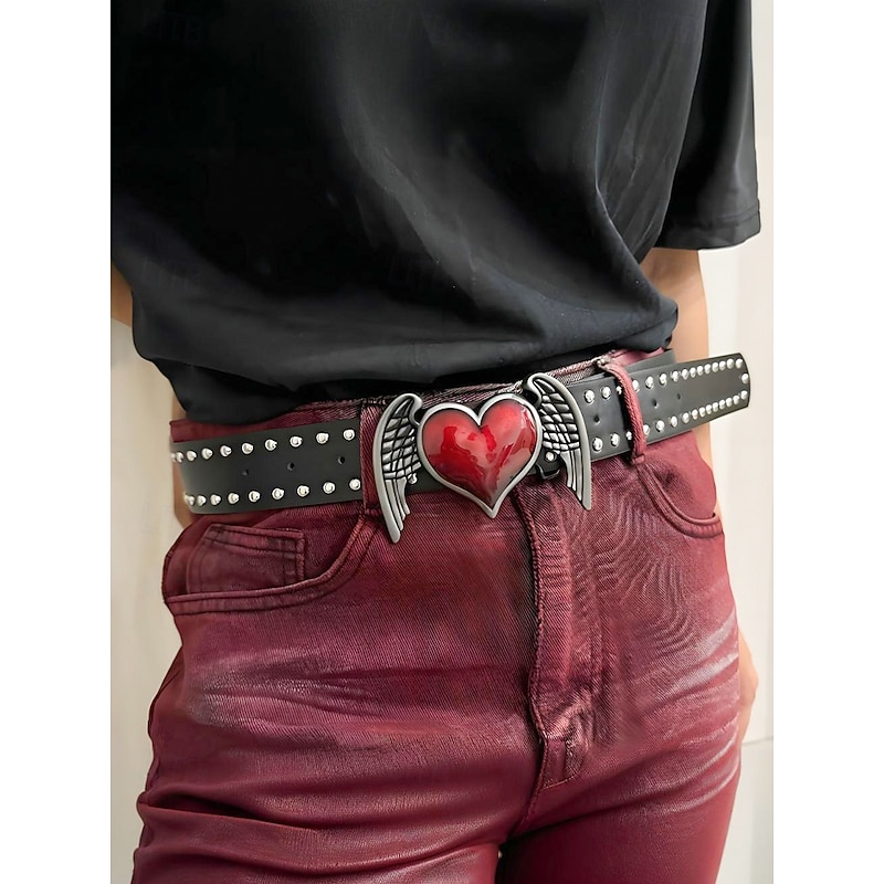 Women's Halloween Gothic Leather Belt with Winged Heart Buckle – Punk Rock Studded Waist Accessory for Parties and Cosplay