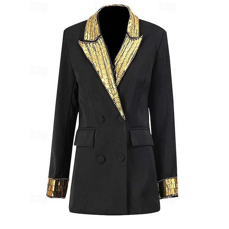 Black and Gold Sequin Women's Blazer Sport Coat Formal Wedding Guest Elegant Long Sleeve Peak Lapel Double Breasted2