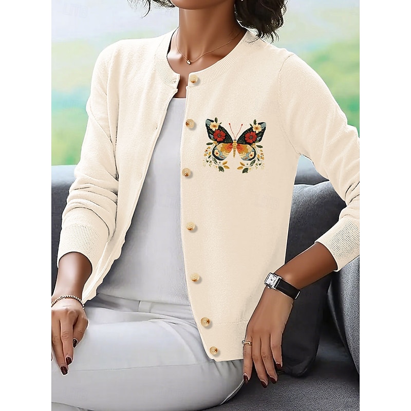 Women's Cardigan Elegant Vintage Daily Graphic Butterfly Ribbed Crew Neck Buttons Knitted Long Sleeve Regular Tops Knit Outdoor Home Work Black Red Spring Fall3