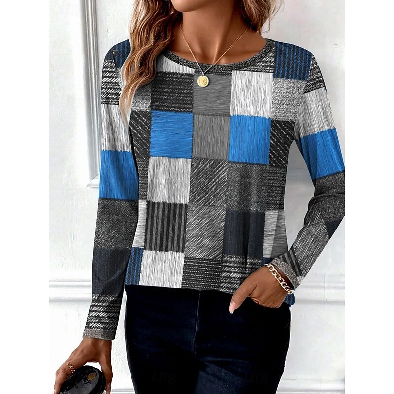 Women's T Shirt Graphic Geometric Striped Vintage Stylish Classic Long Sleeve Crew Neck Regular Tops Daily Print Blue Purple Orange Spring Fall Winter2