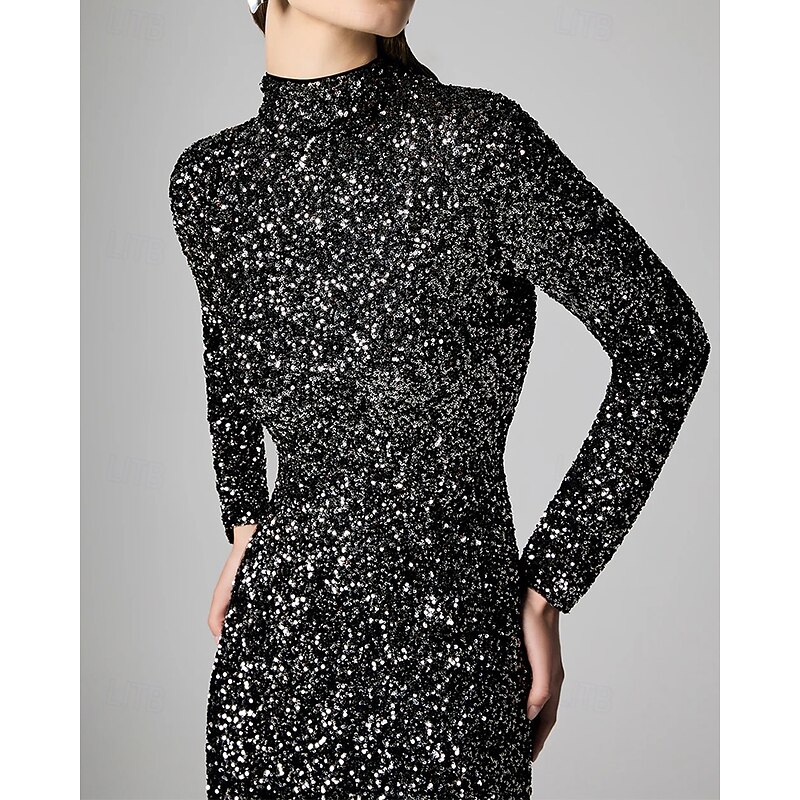 Black Tie Silver Black Mermaid / Trumpet Evening Gown Elegant Formal Dress Formal Wedding Floor Length Long Sleeve High Neck with Sequin 20252