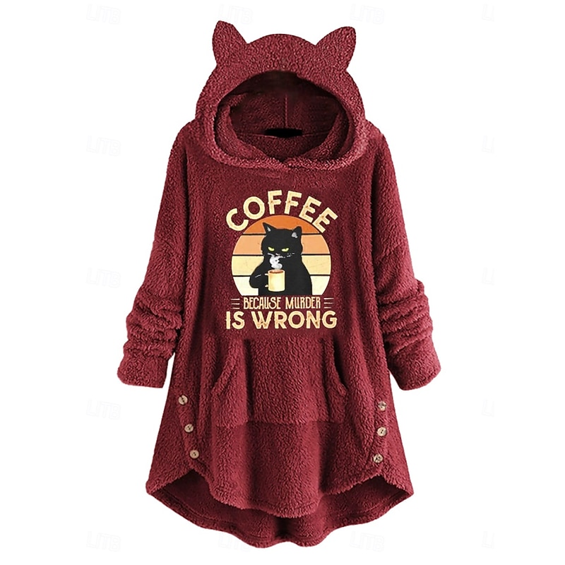Women's Pullover Hoodie Sweatshirt Graphic Cat Letter Casual Long Sleeve Hooded Long Tops Street Dailywear Casual Maroon Light Pink Pink Wine Dark Pink Fall Winter - Main Image