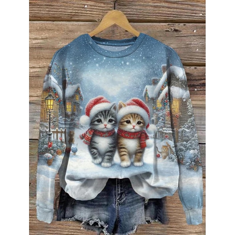 Women's Pullover Sweatshirt Graphic Cat Santa Claus Fashion Casual Long Sleeve Crew Neck Regular Tops Street Dailywear Casual Print White Red Blue Green Dark Blue Fall Winter2