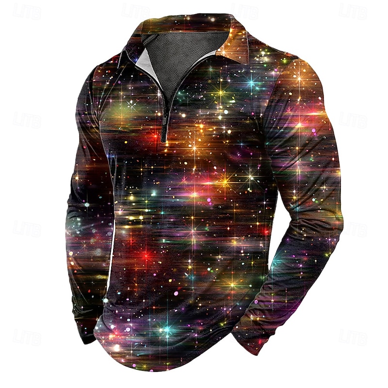 Men's Space Zip Polo Shirts Long Sleeve Polo Shirts Lapel Casual Outdoor Daily Wear 3D Print Fall Winter Blue Purple Orange
