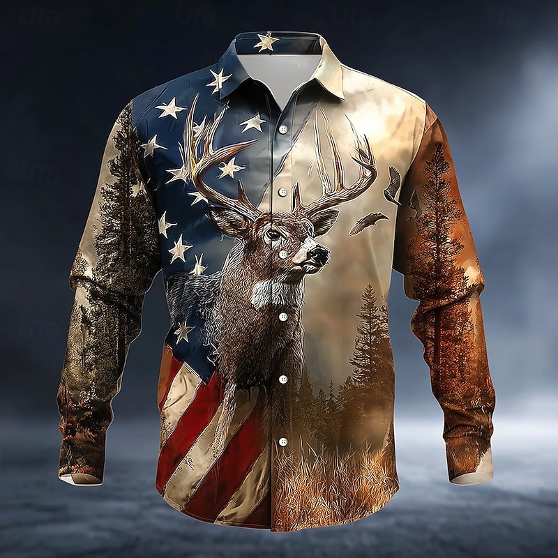 Men's Reindeer American US Flag Shirt Button Up Shirt Long Sleeve Vintage Retro Outdoor Camping & Hiking Hunting Spring Fall Turndown 3D Print Collared Shirts Blue Khaki2