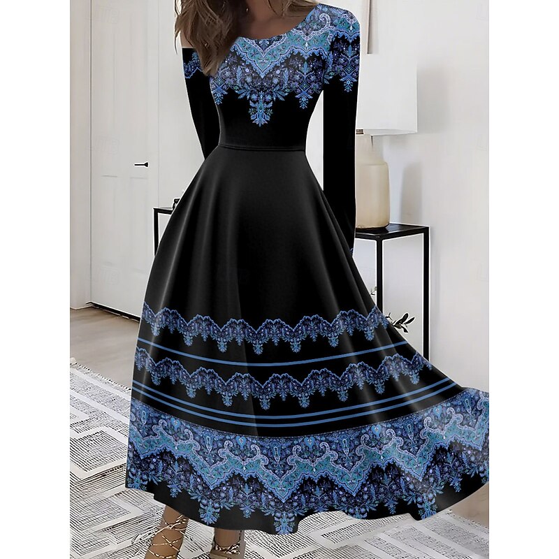 Women's Maxi Dress A Line Dress Fit And Flare Dress Vacation Casual Boho Party Daily Going out Regular Fit Graphic Tribal Long Sleeve Crew Neck Yellow Blue Purple Green Summer Spring Fall Winter2
