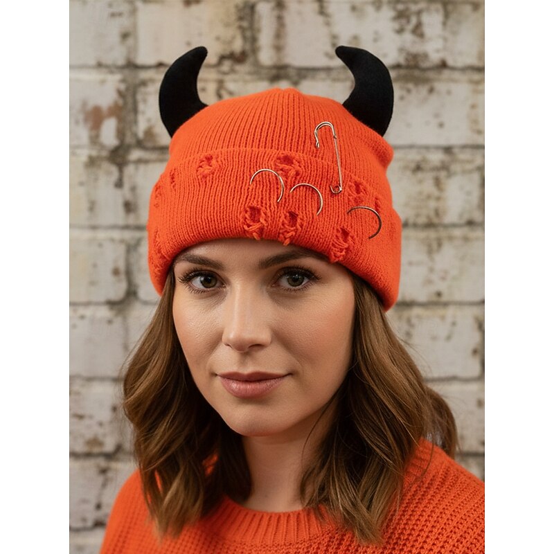 Unisex Halloween Devil Horn Knit Beanie Hat – Gothic Punk Skull Cap with Safety Pin and Ring Details for Men and Women Party Costume2