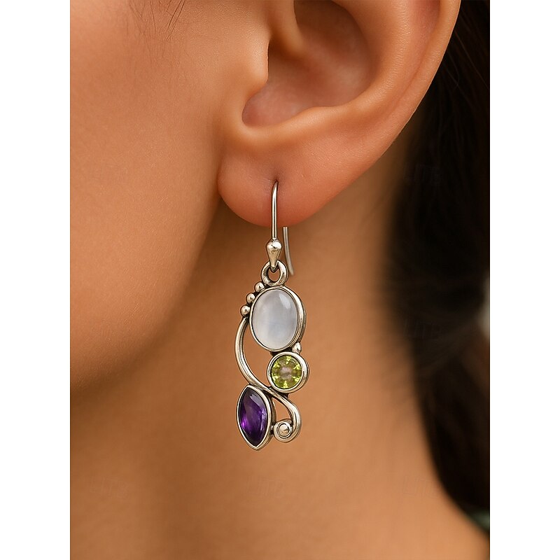 Women's Moonstone Dangle Earrings with Vintage Silver Design, Elegant Boho Jewelry for Parties, Weddings and Daily Wear3